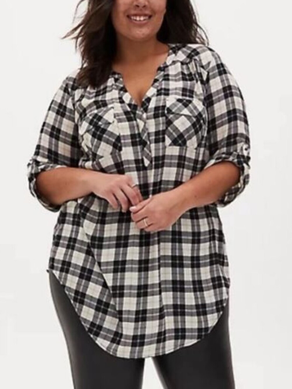 torrid Black Plaid Harper Georgette 3/4 Sleeve Tunic Blouse Size 2 (2X)